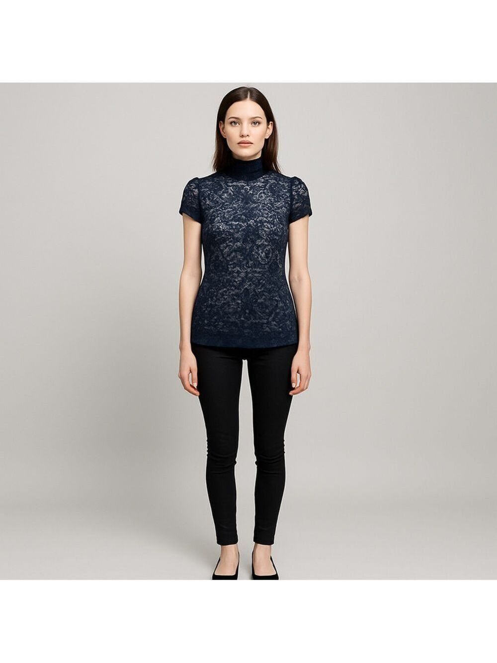 Black Lace Mock Neck Cap Sleeve Blouse Small